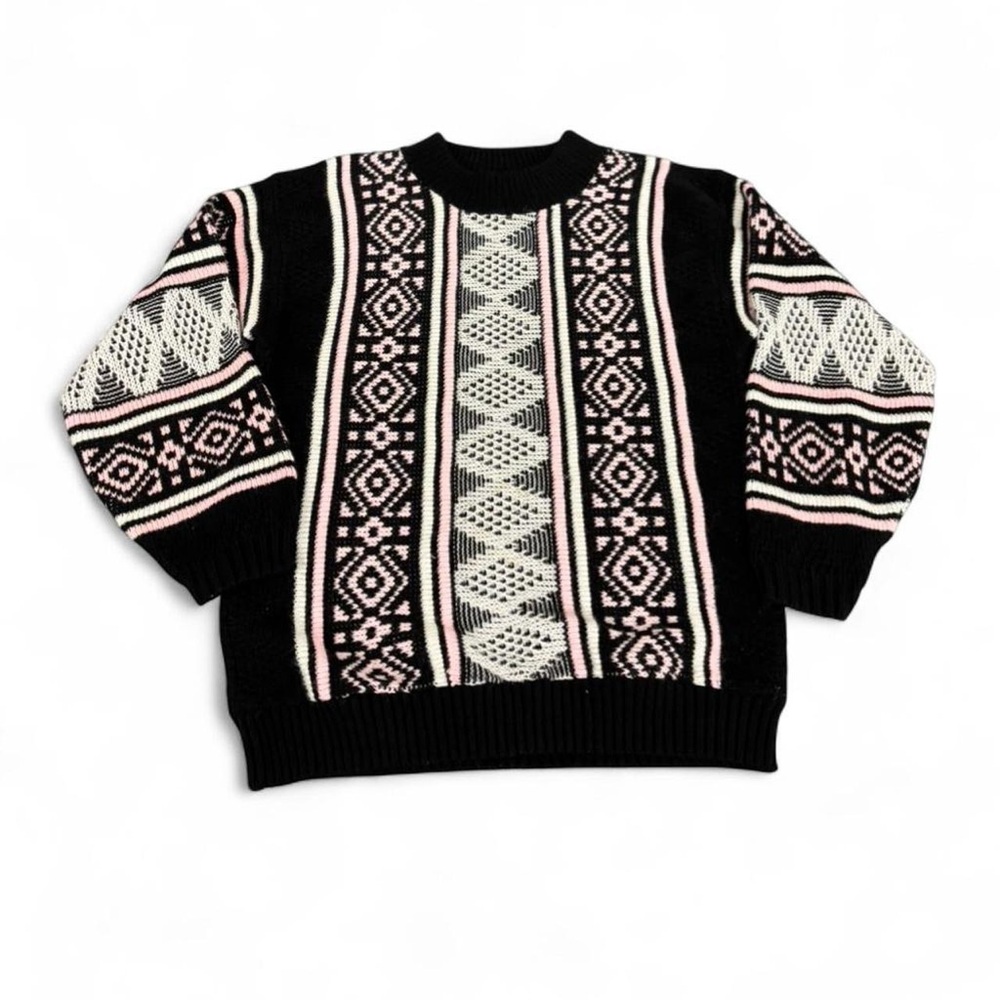 VTG DOMANI Geometric Pattern Aztec Black Pink White Knit Sweater